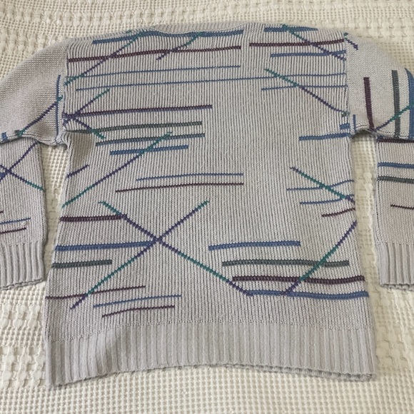 Vintage 90s London Fog Abstract Blue Purple Lines Striped Sweater Men’s Large - Picture 5 of 7